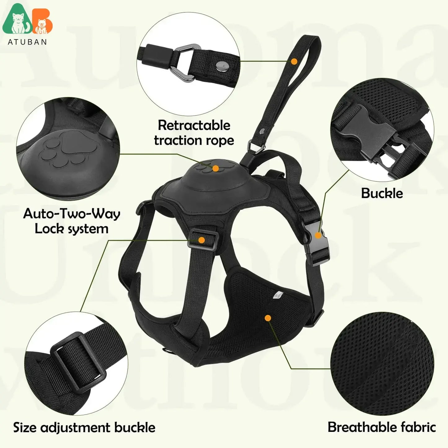 ATUBAN 2-in-1 No-Pull Dog Harness – Self-Shrinking Leash with Auto-Lock for Training